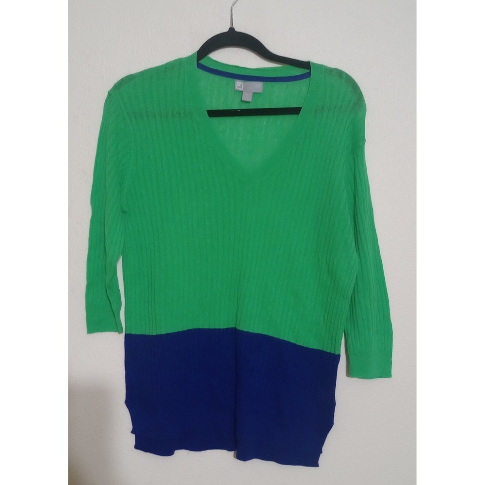 JCP Women Green Blue Colorblock Linen Blend V-Neck Sweater 3/4 Sleeve Size M